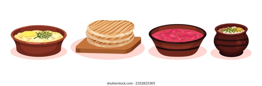 Tasty Dishes and Delicious Meal Served Vector Set