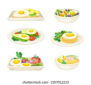 Tasty Dishes with Eggs Served on Plate as Savory Breakfast Meal Vector Set