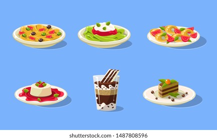 Tasty Dishes Set, Delicious Food, Spaghetti, Souffle, Cake, Milkshake Vector Illustration