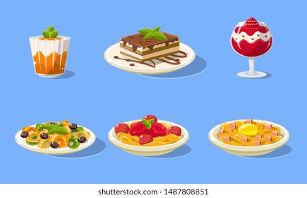 Tasty Dishes Set, Delicious Food, Main Dishes and Desserts Vector Illustration