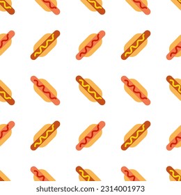 Tasty divine appetizing hot dog with mustard and ketchup fast food seamless pattern. Vector illustration in minimal cartoon flat style isolated on white background. For delivery, vendor, menu card.