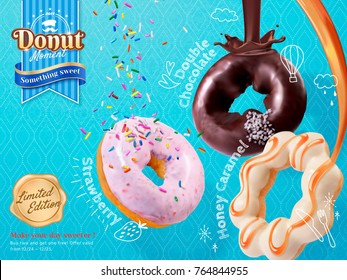 Tasty donut ads, rich toppings and flavor in 3d illustration isolated on blue background, strawberry, chocolate and caramel