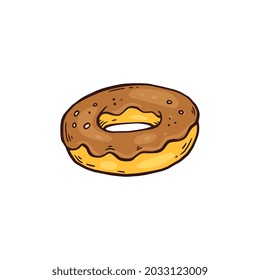 Tasty donut with chocolate glaze. Delicious food, sweet sugar dessert cooking in bakery or home kitchen. Vector sketch illustration isolated on a white background.