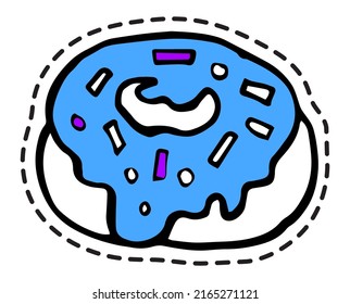 Tasty Donut Dessert With Icing On Top And Sprinkles. Delicious Sweets Baked Product From Bakery Or Pastry Shop Store. Sticker Or Patch, Isolated Icon, Logotype Or Emblem. Vector In Flat Style