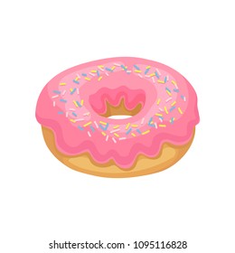 Tasty donut with pink glaze and colorful sprinkles. Delicious and sweet dessert. Flat vector design for promo poster or flyer