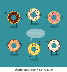 Tasty donuts. Cartoon characters, vector illustration.