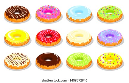 Tasty donuts with a color glaze, sprinkles and caramel. Appetizing confectionery. A sweet snack. Print and logo for bakery, pastry shops, etc. Color fill isn't the gradient. Vector illustration.
