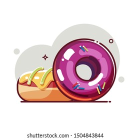 Tasty donuts with colored glaze and sprinkles. Flat cartoon style. Isolated fast food icon for poster, web design, banner, logo or badge. Colorful vector illustration.