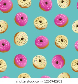 Tasty Donuts with Glaze and Different Toppings on Blue Background. Seamless Pattern. Vector Illustration