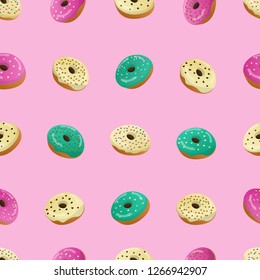 Tasty Donuts with Glaze and Different Toppings on Pink Background. Seamless Pattern. Vector Illustration