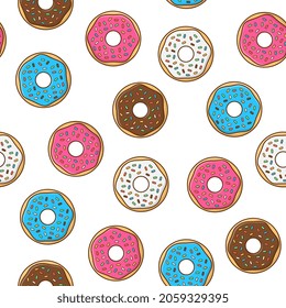 Tasty Donuts With Glaze And Powder Seamless Pattern On A White Background. Donuts Icon Vector Illustration