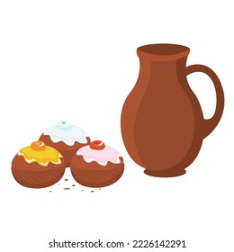 Tasty donuts for Hanukkah and jug on white background