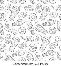 tasty donuts, ice cream and cola in seamless pattern using sketch or hand drawing style on white background