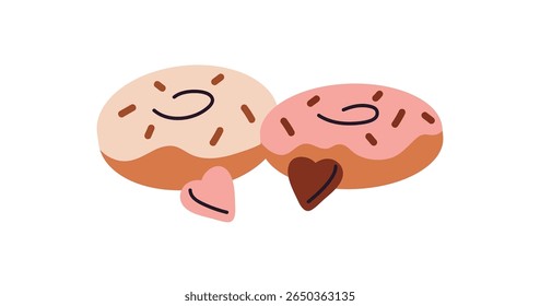 Tasty donuts with icing and chocolate sprinkles. Sweet doughnuts with frosting. Pastry ring, bakery circle with sticky topping. Dessert, confectionery. Flat isolated vector illustration on white