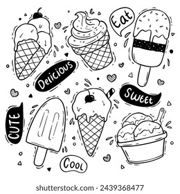 Tasty doodle ice cream collection illustration on white background