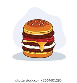 saboroso cheeseburger duplo com ovo de tomate e grelhados patties design de vetor alimentar em estilo de desenho animado