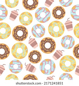 Tasty doughnut. Pattern with bagel and coffee cup