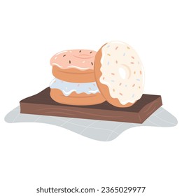 Tasty doughnuts on the wooden tray. Vector illustration 