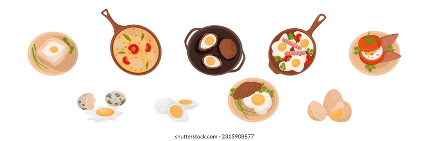 Tasty Egg Dish as Fresh and Healthy Morning Protein Meal Vector Set