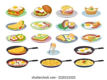 Tasty Egg Dish with Scrambled, Boiled and Omelette Served on Plate Big Vector Set