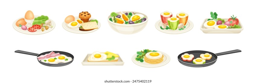 Sabroso plato de huevo servido en plato con yema y adorne Vector establecido