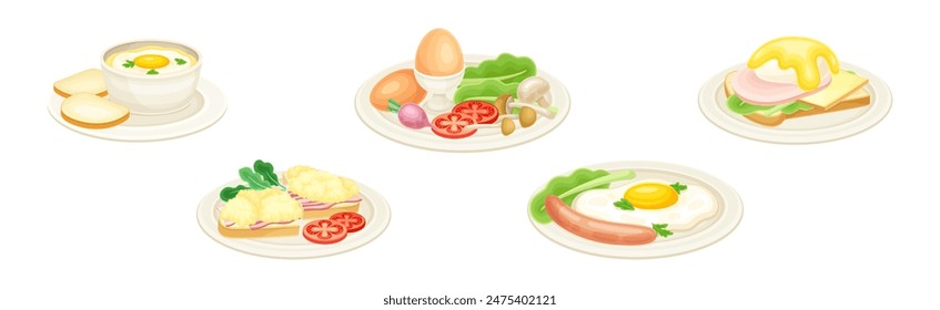 Tasty Egg Dish Served on Plate with Yolk and Garnish Vector Set