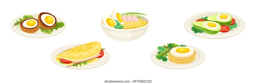 Tasty Egg Dish Served on Plate with Yolk and Garnish Vector Set