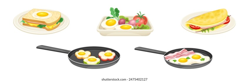 Tasty Egg Dish Served on Plate with Yolk and Garnish Vector Set