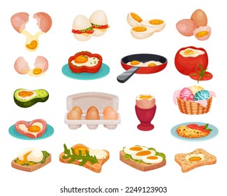 Tasty Egg Food with Boiled and Scrambled Egg on Plate, Sandwich and Frying Pan Big Vector Set