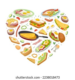 Tasty Egg Food Heart Shaped Composition Design with Boiled and Scrambled Egg Served on Plate Vector Template