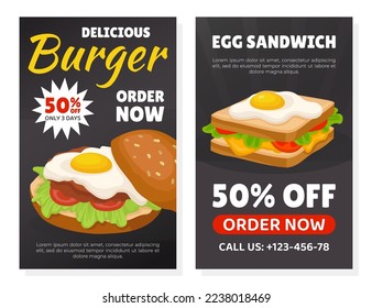 Tasty Egg Food Promotion Flyer Design with Sandwich and Burger with Scrambled Egg Vector Template