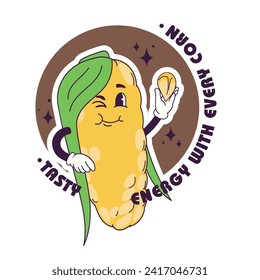 Tasty energy with every corn. Cartoon ear of corn wink with kernel in hand. Healthy eating poster