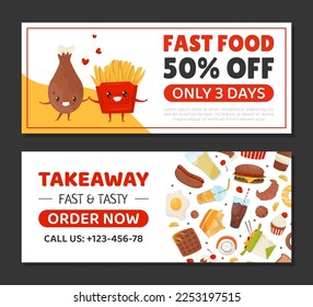 Tasty Fast Food Banner Design with Appetizing Nutrition Vector Template