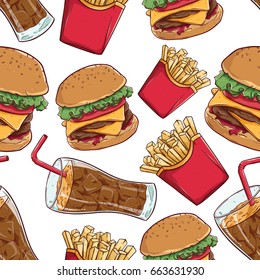 tasty fast food with cheese burger, french fries and soda or cola in seamless pattern using colored doodle art