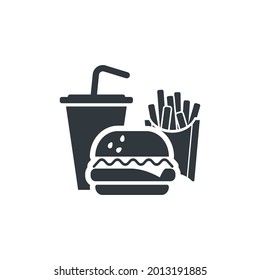 Tasty fast food, cocktail, fries and burger simple black icon isolated on white