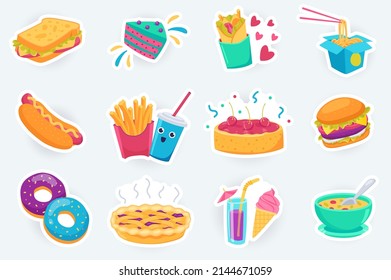 Sabrosa comida rápida adorables pegatinas en diseño de dibujos animados planos. Un paquete de sándwiches, tartas, burrito, fideos, perritos calientes, patatas fritas, cola, tarta de cerezo y otros. Ilustración vectorial para la plantilla de planificador u organizador