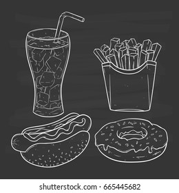 tasty fast food with donut, hotdog, french fries and cola using doodle art on chalkboard background