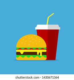 Tasty fast food menu. Hamburger with cola on blue background