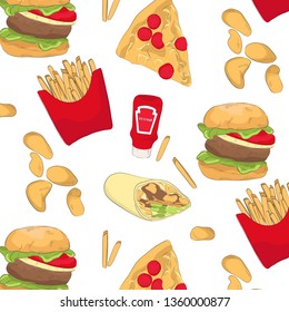 Tasty fast food pattern with chips, burger, pizza, ketchup, wrap. Food organic repetition print. Kitchen dishes