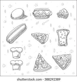 Tasty fast food and pizza sketch drawing, for italian pizzeria,  restaurant and  cafe design
