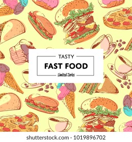 Tasty fast food poster with takeaway snacks. Restaurant menu cover, delicious street food vector illustration. Taco, donut, hot dog, cup of coffee, ice cream, pizza, hamburger and sandwich doodles.