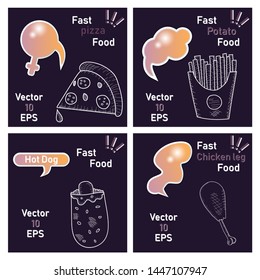 Tasty fast food poster. Vector color flat illustration for poster, label and menu cafe fast food. On the black chalkboard with vintage white chalk engraving rays, lettering, bubble, doodle