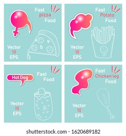 Tasty fast food poster. Vector color flat illustration for poster, label and menu cafe fast food. On the black chalkboard with vintage white chalk engraving rays, lettering, bubble, doodle