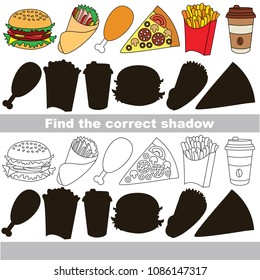 Tasty Fast Food set to find the correct shadow, the matching educational kid game to compare and connect objects and their true shadows, simple gaming level for preschool kids.