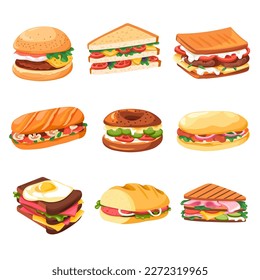 Tasty fast food and snacks, isolated sandwiches and bread buns with meat, vegetables and cheese. Healthy products and ingredients, tomatoes and onion slices. Vector in flat style illustration