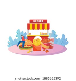 Tasty fast food vector concept. Happy couple enjoy eating street food burger. Junk food flat vector illustration