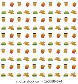 Tasty Fastfood seamless pattern with drinks berger chicken and French fries