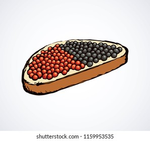 Tasty fat beluga spawn ikura on cut rye bake bun background. Bright color hand drawn logo sign icon symbol sketch in vintage art doodle graphic cartoon style pen on white space for text. Closeup view