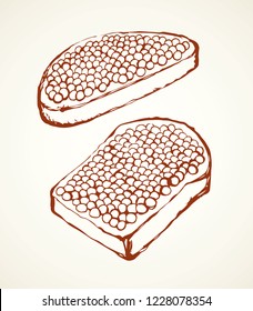 Tasty fat beluga spawn ikura on cut rye bake bun on white background. line black color ink hand drawn logo sign icon sketch in vintage art doodle graphic cartoon style pen on paper. Closeup view