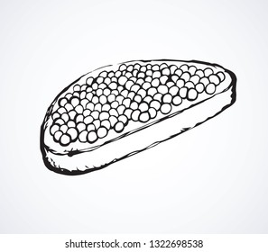 Tasty fat beluga spawn ikura on cut rye bake bun background. line black color ink hand drawn logo sign icon sketch in vintage art doodle graphic cartoon style pen on white space for text. Closeup view